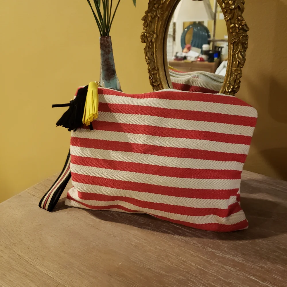 NEW! Red & White Striped Zip Pouch w/ Yellow Tassle